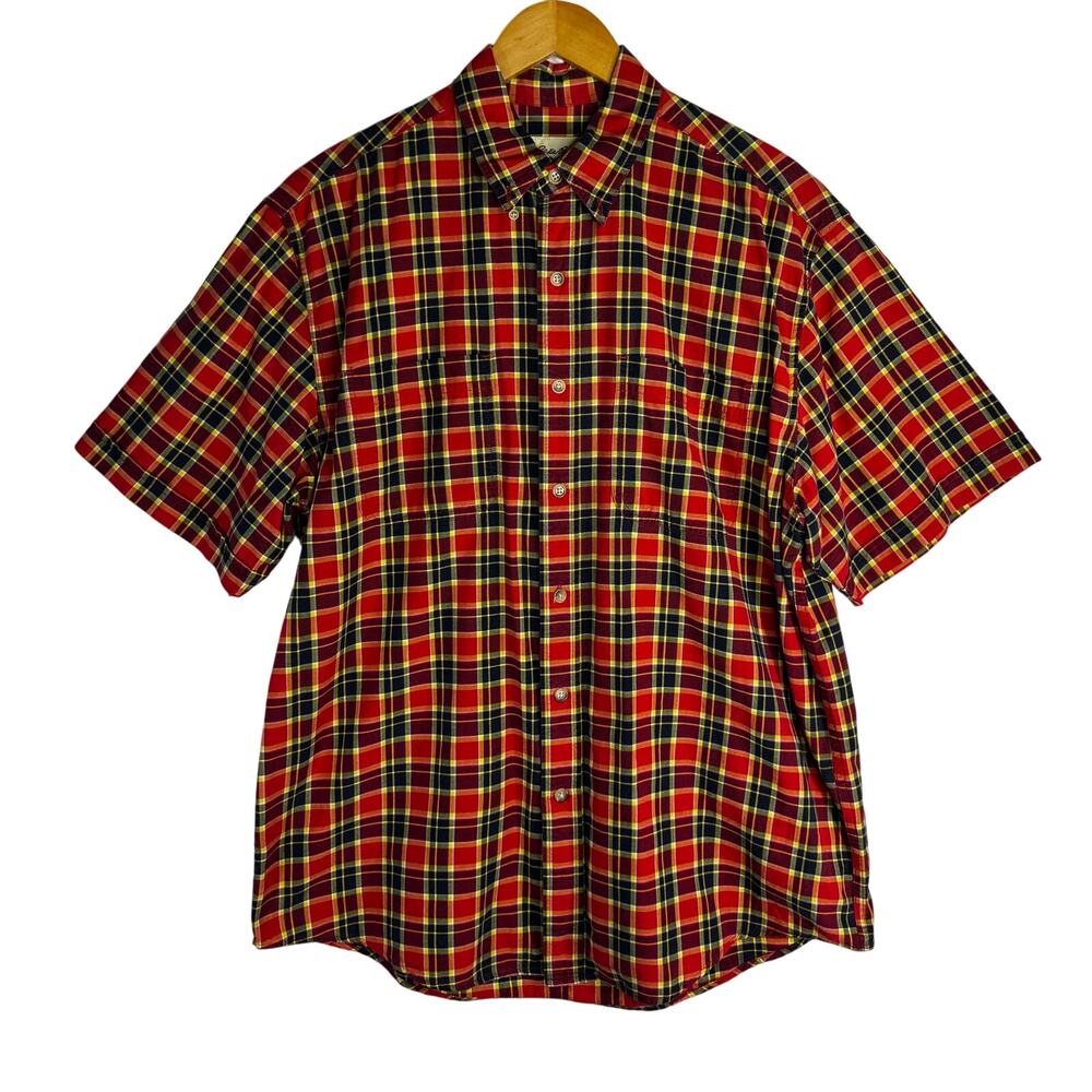 Eddie Bauer Men's Button Shirt Short Sleeve Red Navy Blue Check Y2K size M